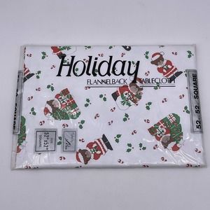 Santa Bear Flannel Back Tablecloth 52" Square Christmas Holiday Vintage NOS New